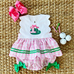 First Birthday Golf Bubble for Girls – Reversible Pink Gingham Skirted Bubble Outfit by Seven Lantern Lane, children's boutique clothing main product photo