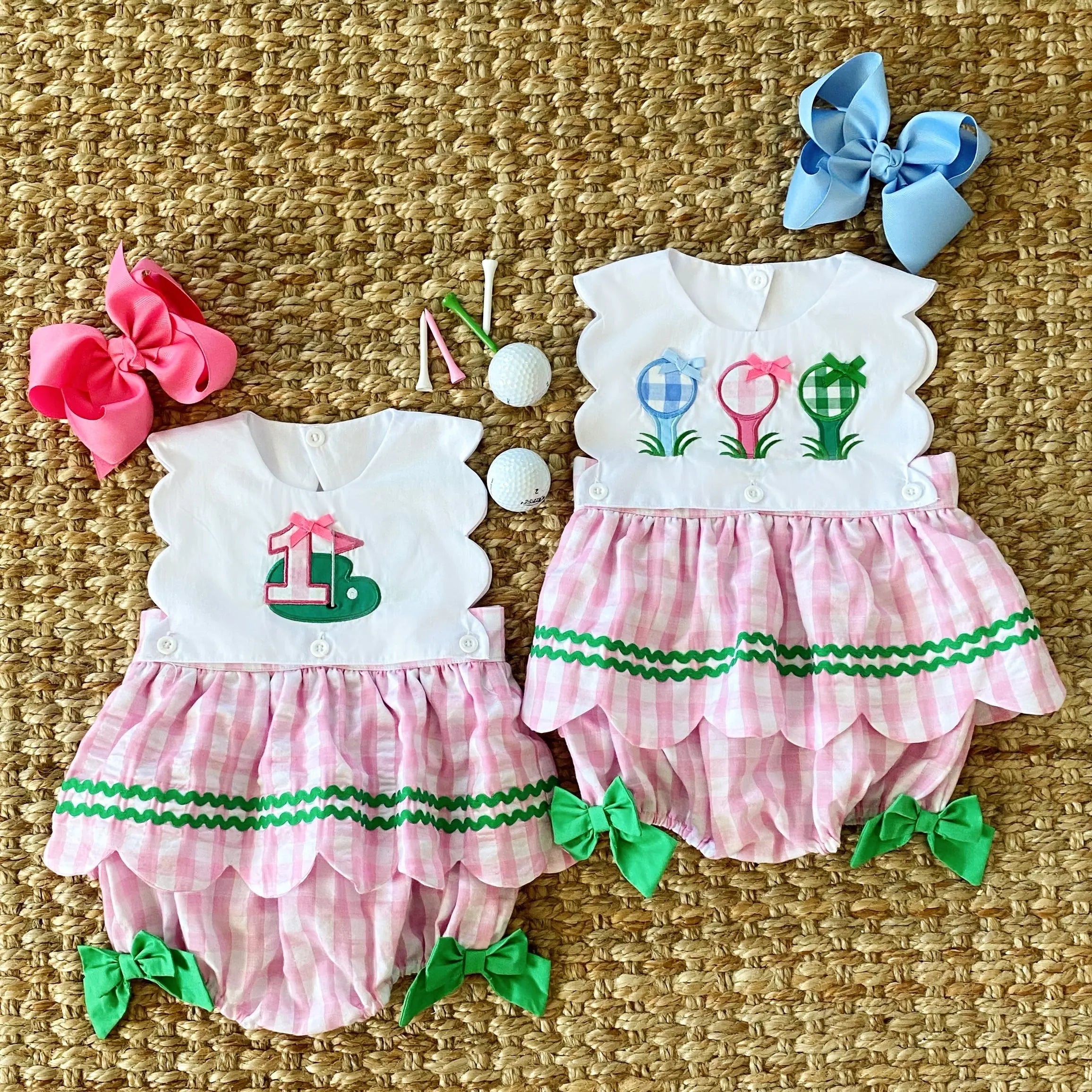 First Birthday Golf Bubble for Girls – Reversible Pink Gingham Skirted Bubble Outfit by Seven Lantern Lane, children's boutique clothing detail photo 2
