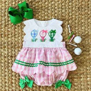First Birthday Golf Bubble for Girls – Reversible Pink Gingham Skirted Bubble Outfit by Seven Lantern Lane, children's boutique clothing detail photo 3