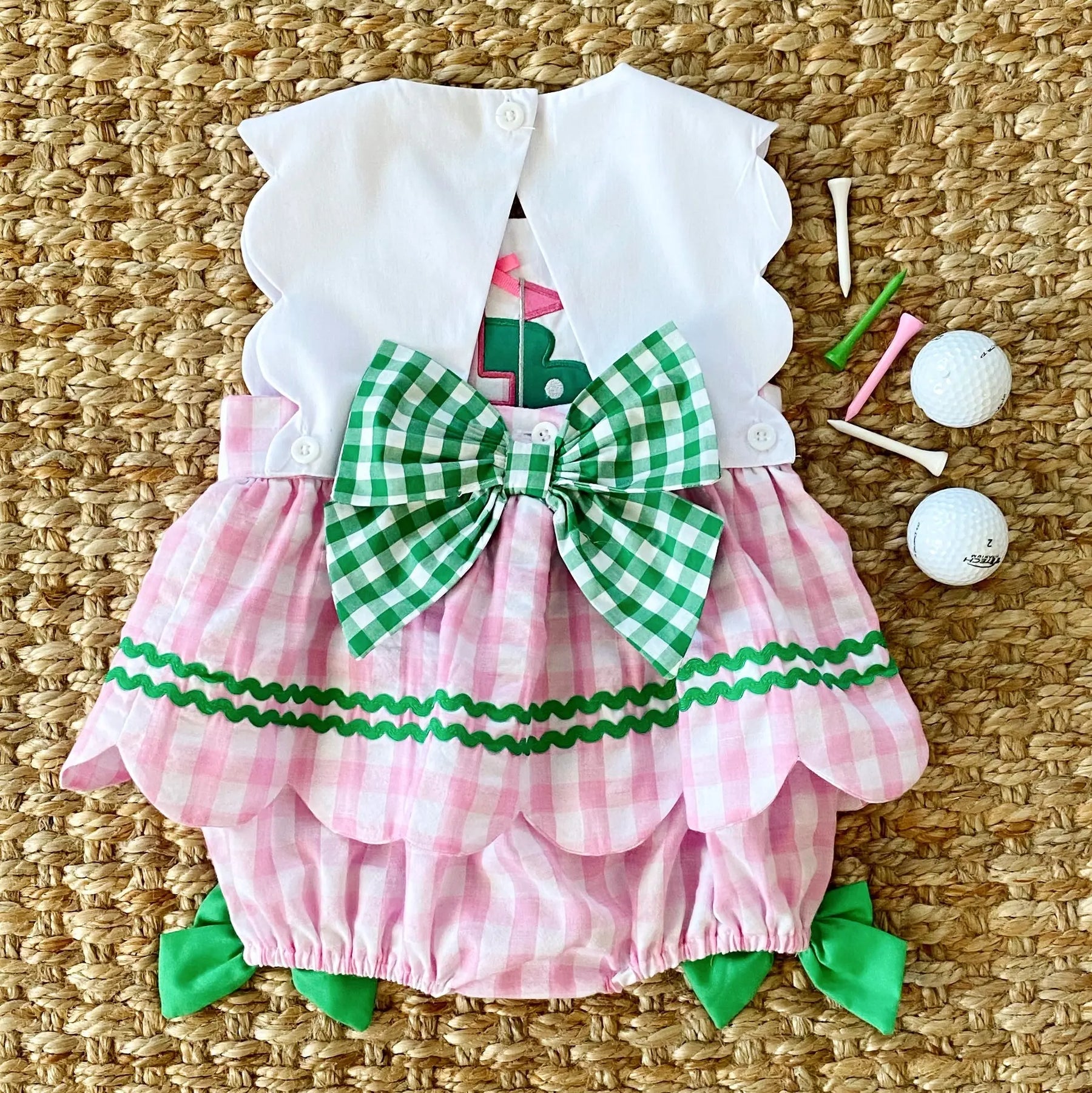 First Birthday Golf Bubble for Girls – Reversible Pink Gingham Skirted Bubble Outfit by Seven Lantern Lane, children's boutique clothing detail photo 4