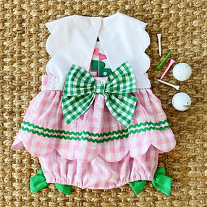 First Birthday Golf Bubble for Girls – Reversible Pink Gingham Skirted Bubble Outfit by Seven Lantern Lane, children's boutique clothing detail photo 4