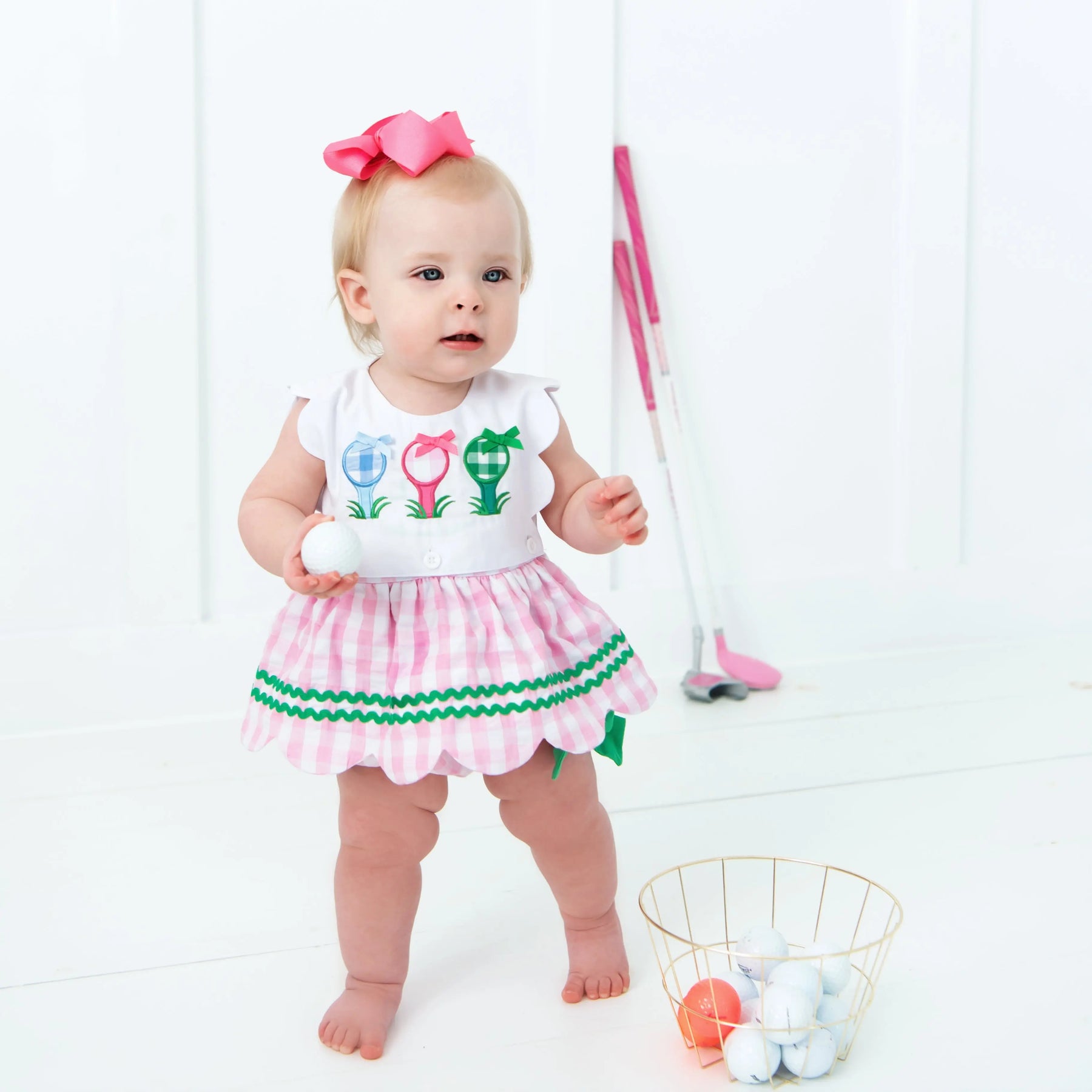 First Birthday Golf Bubble for Girls – Reversible Pink Gingham Skirted Bubble Outfit by Seven Lantern Lane, children's boutique clothing detail photo 5