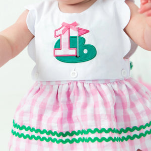 First Birthday Golf Bubble for Girls – Reversible Pink Gingham Skirted Bubble Outfit by Seven Lantern Lane, children's boutique clothing detail photo 6