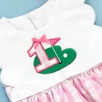 First Birthday Golf Bubble for Girls – Reversible Pink Gingham Skirted Bubble Outfit by Seven Lantern Lane, children's boutique clothing detail photo 7