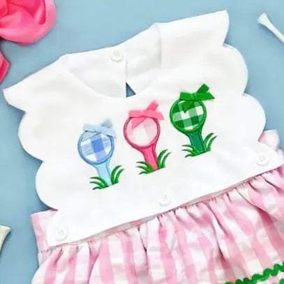 First Birthday Golf Bubble for Girls – Reversible Pink Gingham Skirted Bubble Outfit by Seven Lantern Lane, children's boutique clothing detail photo 8