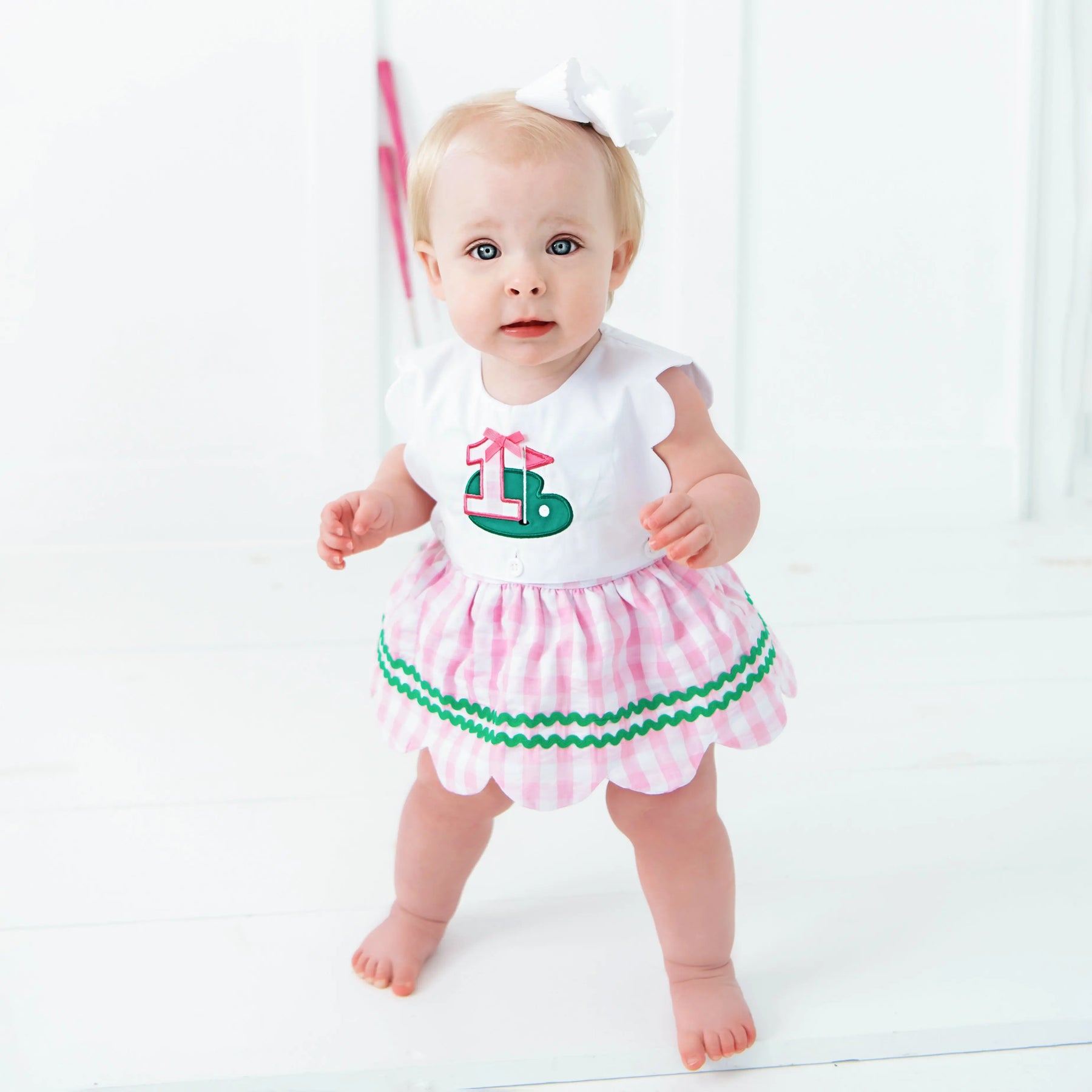 First Birthday Golf Bubble for Girls – Reversible Pink Gingham Skirted Bubble Outfit by Seven Lantern Lane, children's boutique clothing detail photo 9