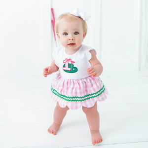 First Birthday Golf Bubble for Girls – Reversible Pink Gingham Skirted Bubble Outfit by Seven Lantern Lane, children's boutique clothing detail photo 9