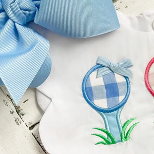 First Birthday Golf Bubble for Girls – Reversible Pink Gingham Skirted Bubble Outfit by Seven Lantern Lane, children's boutique clothing detail photo 10