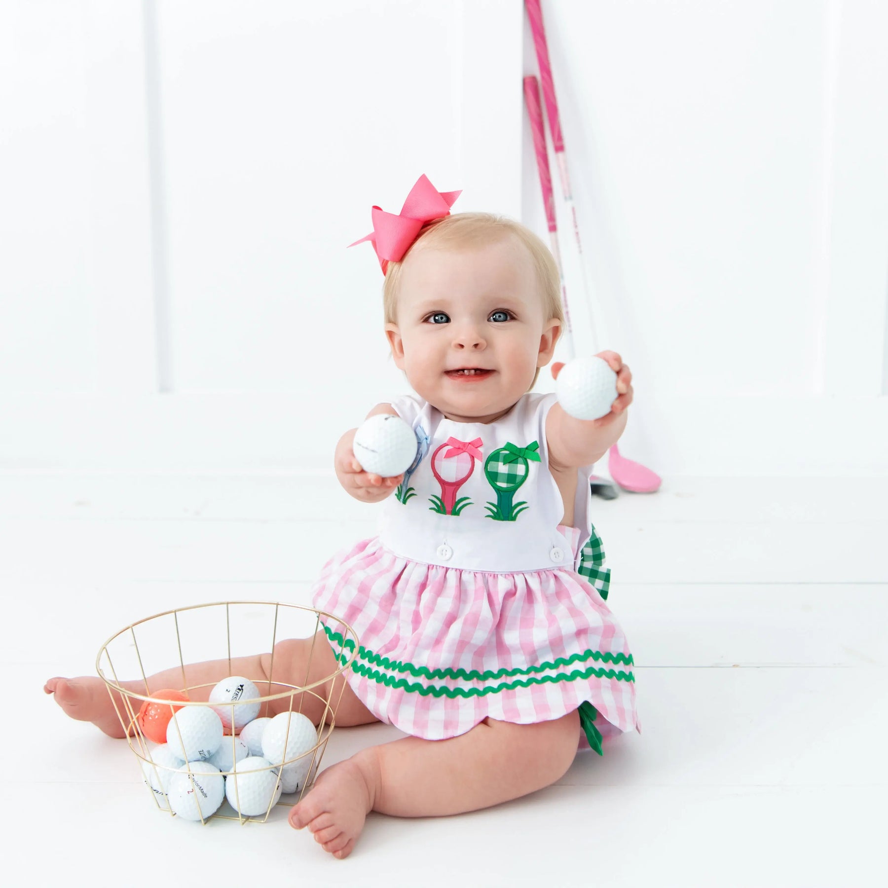 First Birthday Golf Bubble for Girls – Reversible Pink Gingham Skirted Bubble Outfit by Seven Lantern Lane, children's boutique clothing detail photo 11
