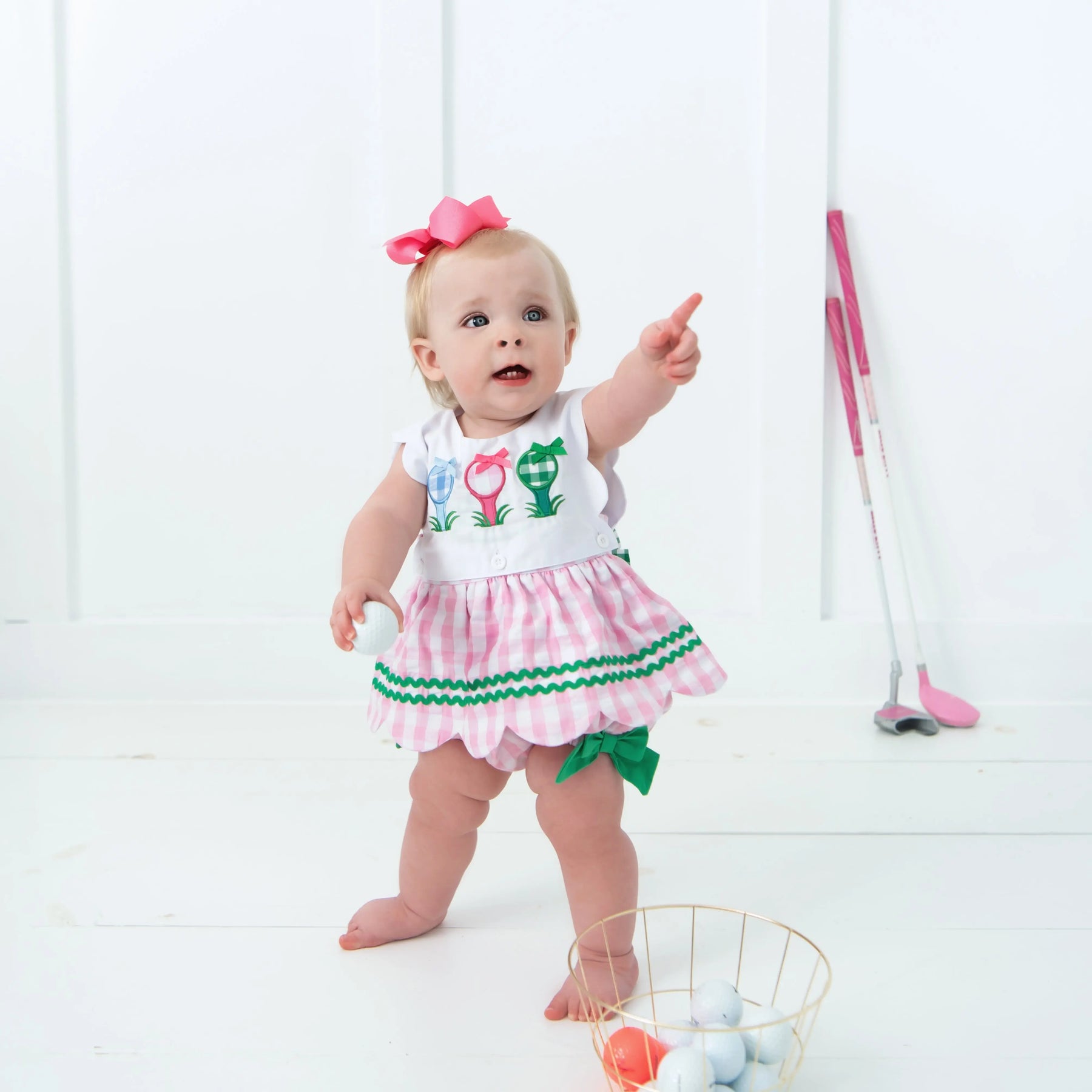 First Birthday Golf Bubble for Girls – Reversible Pink Gingham Skirted Bubble Outfit by Seven Lantern Lane, children's boutique clothing detail photo 12