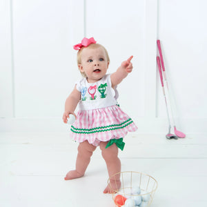 First Birthday Golf Bubble for Girls – Reversible Pink Gingham Skirted Bubble Outfit by Seven Lantern Lane, children's boutique clothing detail photo 12