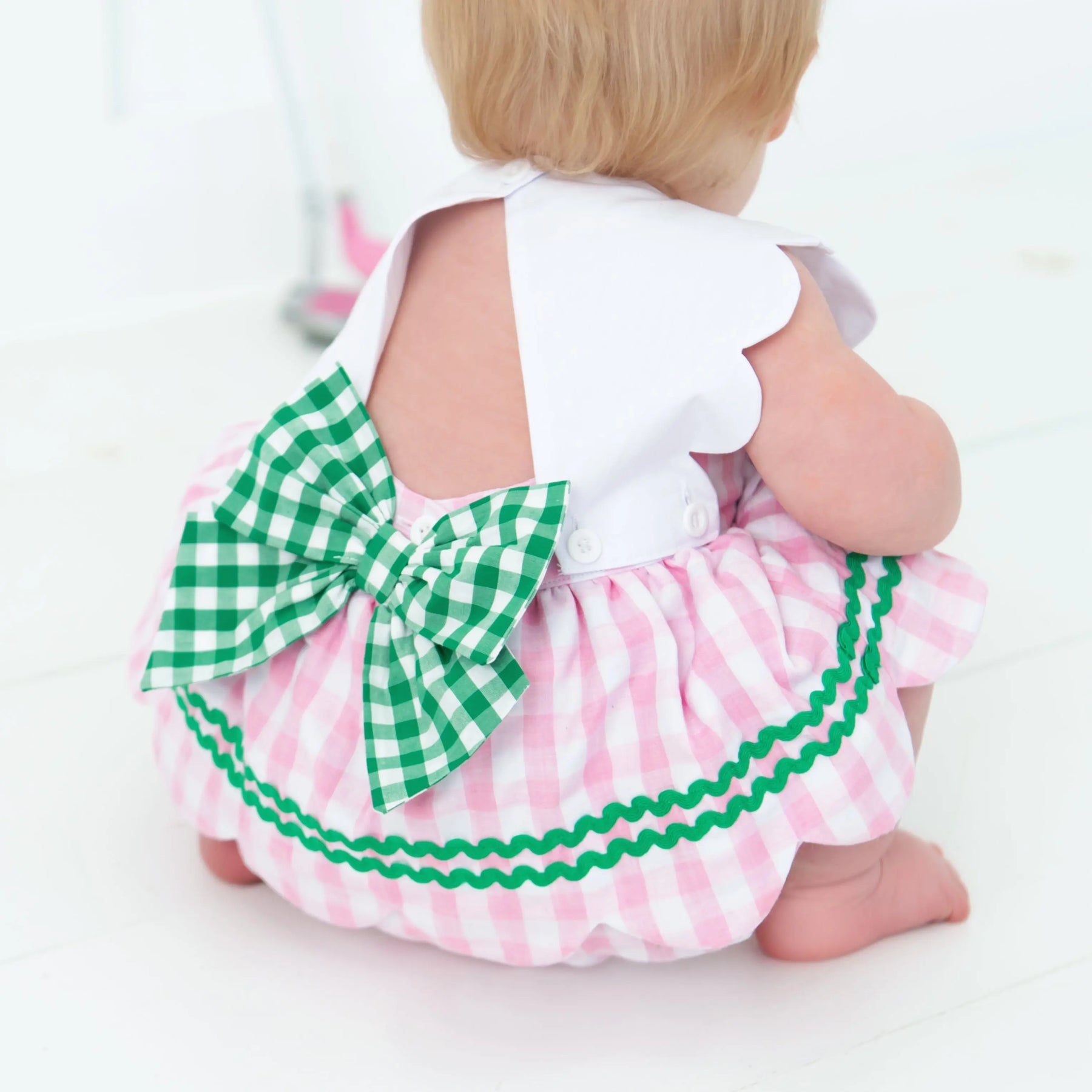 First Birthday Golf Bubble for Girls – Reversible Pink Gingham Skirted Bubble Outfit by Seven Lantern Lane, children's boutique clothing detail photo 13