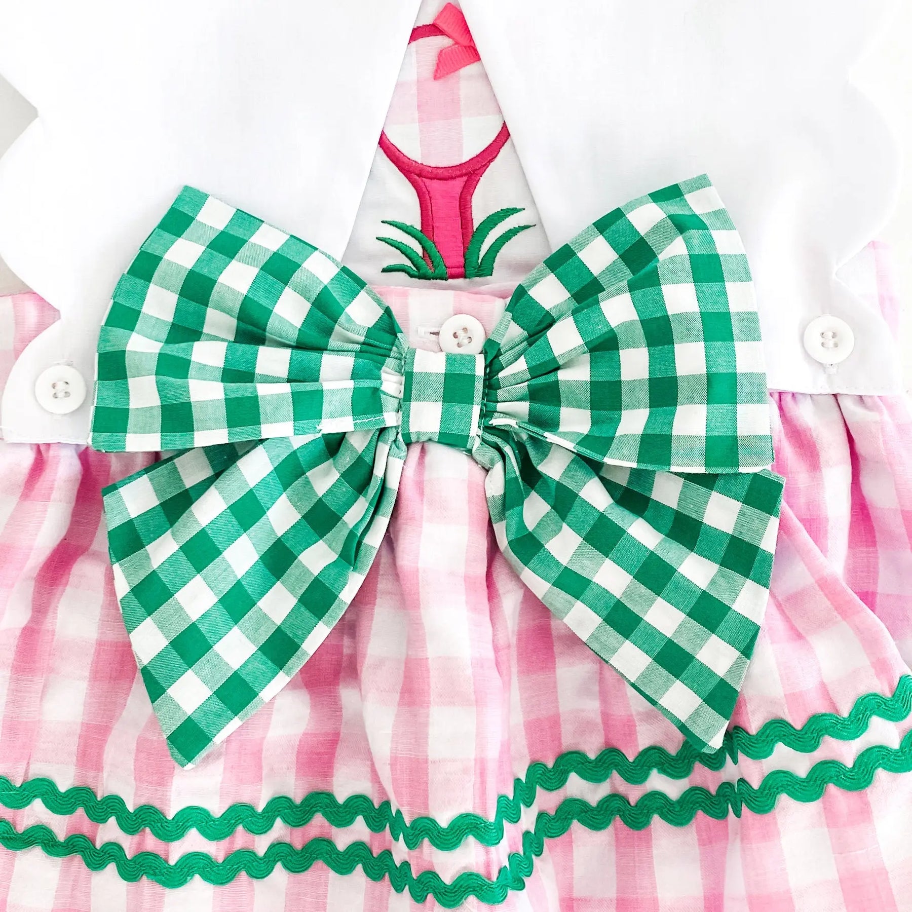 First Birthday Golf Bubble for Girls – Reversible Pink Gingham Skirted Bubble Outfit by Seven Lantern Lane, children's boutique clothing detail photo 14