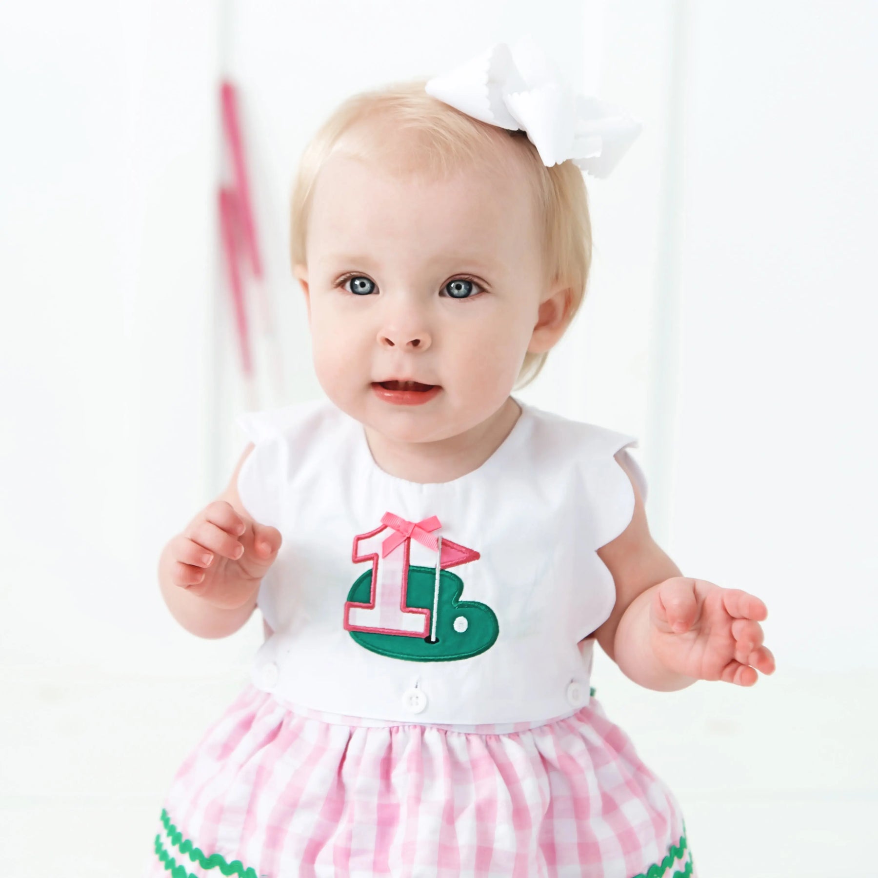 First Birthday Golf Bubble for Girls – Reversible Pink Gingham Skirted Bubble Outfit by Seven Lantern Lane, children's boutique clothing detail photo 15