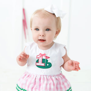 First Birthday Golf Bubble for Girls – Reversible Pink Gingham Skirted Bubble Outfit by Seven Lantern Lane, children's boutique clothing detail photo 15