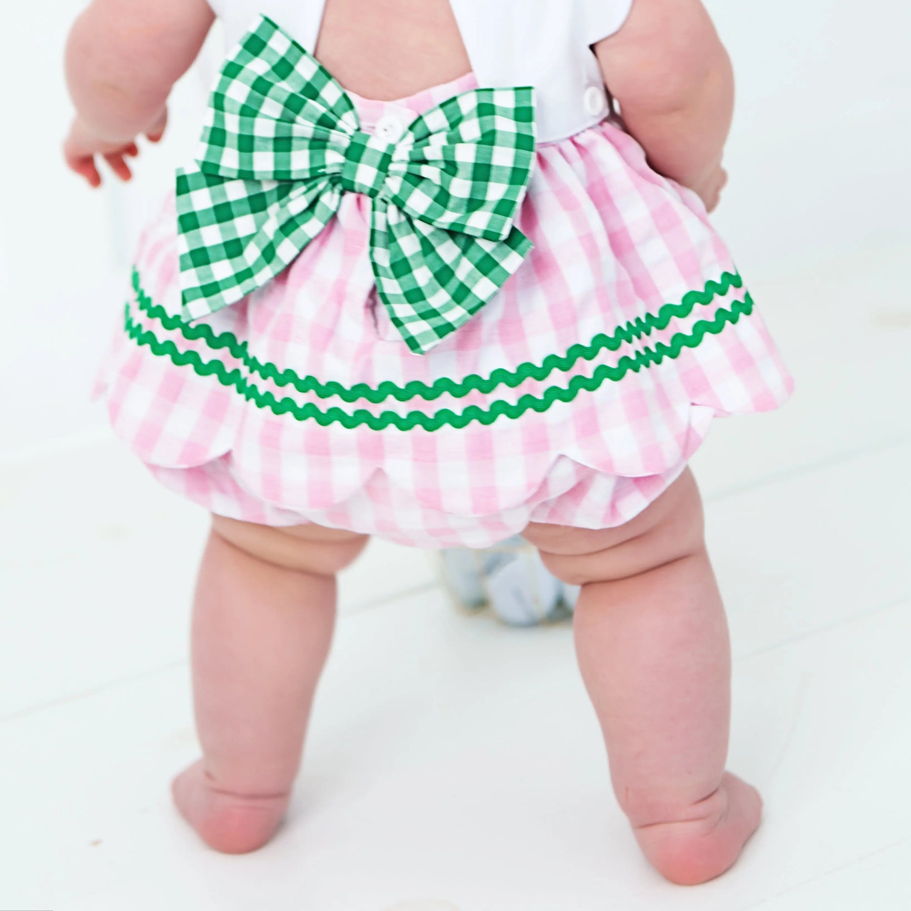 First Birthday Golf Bubble for Girls – Reversible Pink Gingham Skirted Bubble Outfit by Seven Lantern Lane, children's boutique clothing detail photo 16