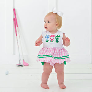 First Birthday Golf Bubble for Girls – Reversible Pink Gingham Skirted Bubble Outfit by Seven Lantern Lane, children's boutique clothing detail photo 17