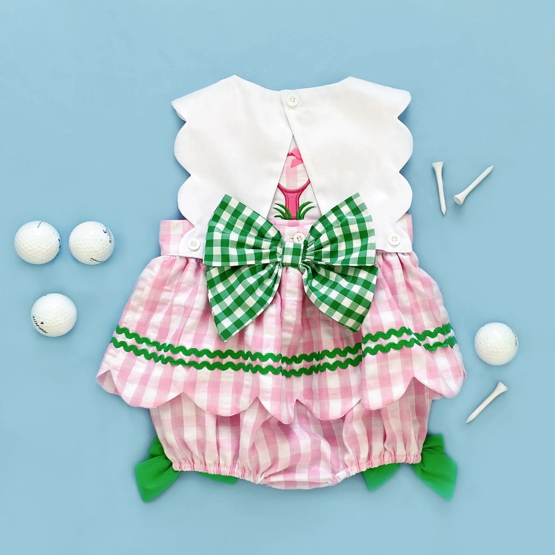 First Birthday Golf Bubble for Girls – Reversible Pink Gingham Skirted Bubble Outfit by Seven Lantern Lane, children's boutique clothing detail photo 18