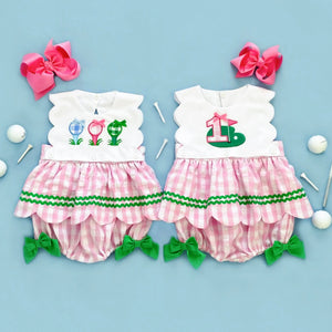 First Birthday Golf Bubble for Girls – Reversible Pink Gingham Skirted Bubble Outfit by Seven Lantern Lane, children's boutique clothing detail photo 19