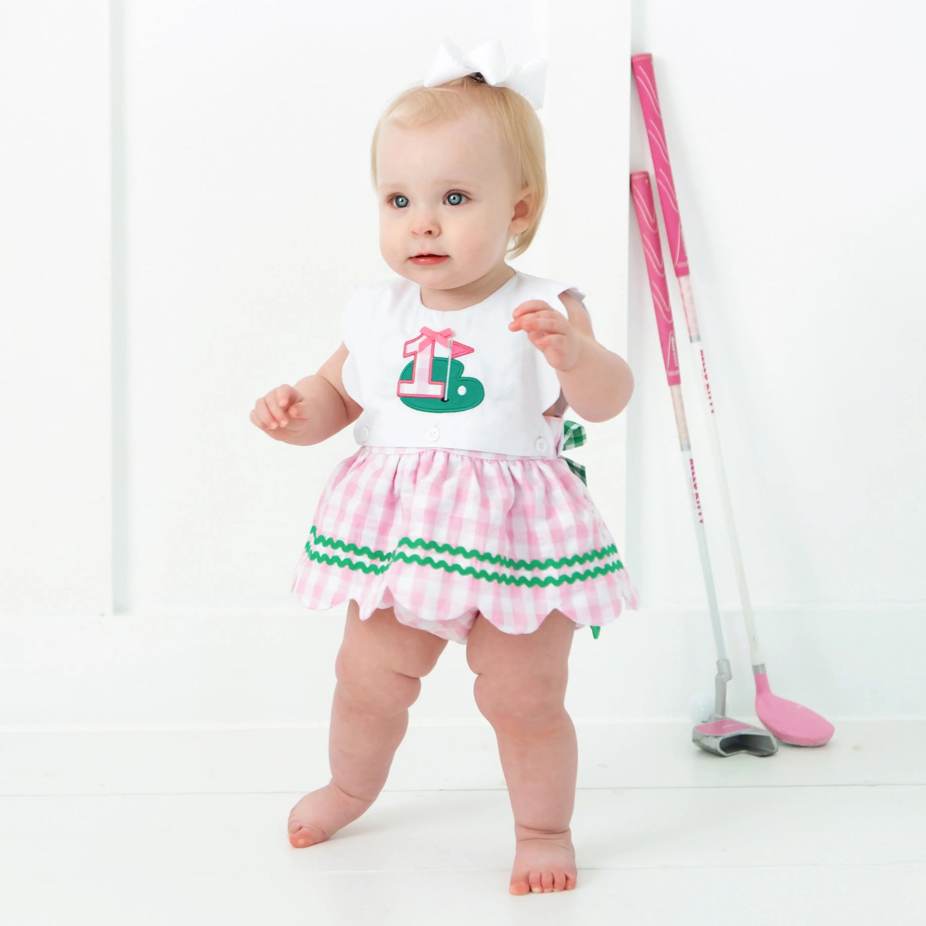 First Birthday Golf Bubble for Girls – Reversible Pink Gingham Skirted Bubble Outfit by Seven Lantern Lane, children's boutique clothing detail photo 20
