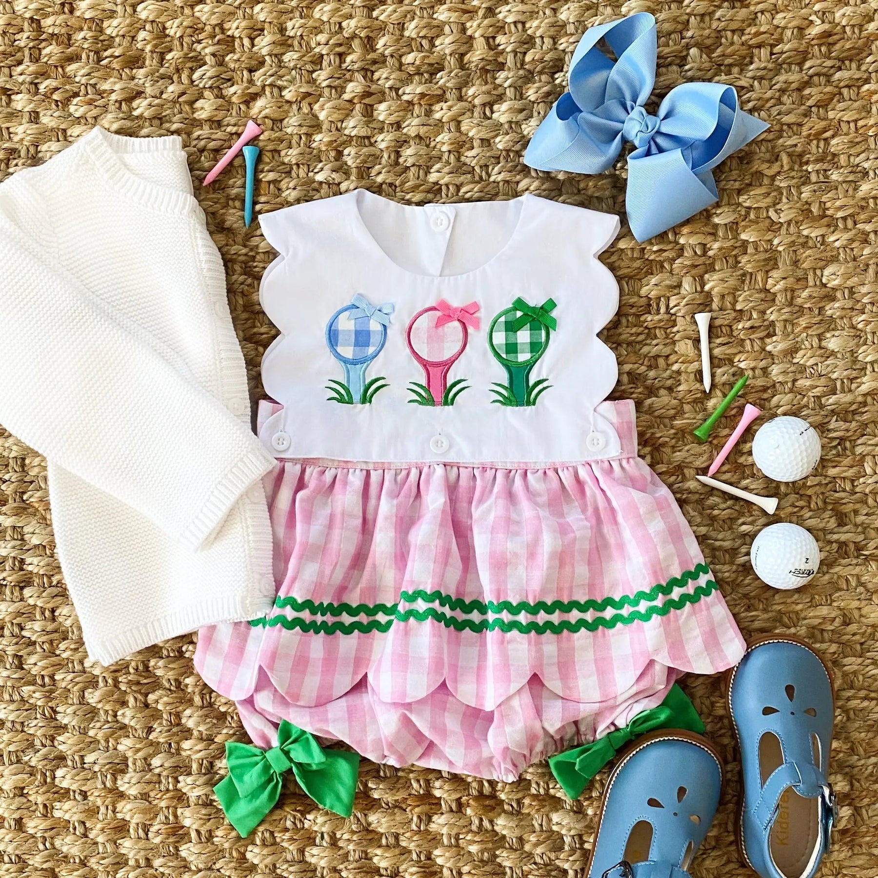 First Birthday Golf Bubble for Girls – Reversible Pink Gingham Skirted Bubble Outfit by Seven Lantern Lane, children's boutique clothing detail photo 21