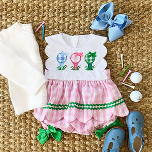 First Birthday Golf Bubble for Girls – Reversible Pink Gingham Skirted Bubble Outfit by Seven Lantern Lane, children's boutique clothing detail photo 21