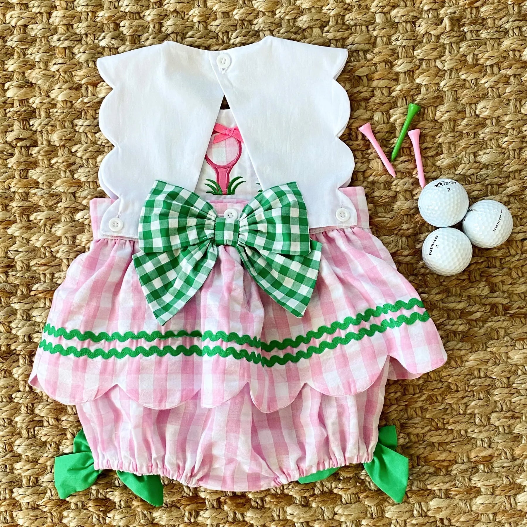 First Birthday Golf Bubble for Girls – Reversible Pink Gingham Skirted Bubble Outfit by Seven Lantern Lane, children's boutique clothing detail photo 22
