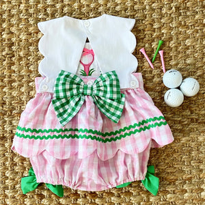 First Birthday Golf Bubble for Girls – Reversible Pink Gingham Skirted Bubble Outfit by Seven Lantern Lane, children's boutique clothing detail photo 22