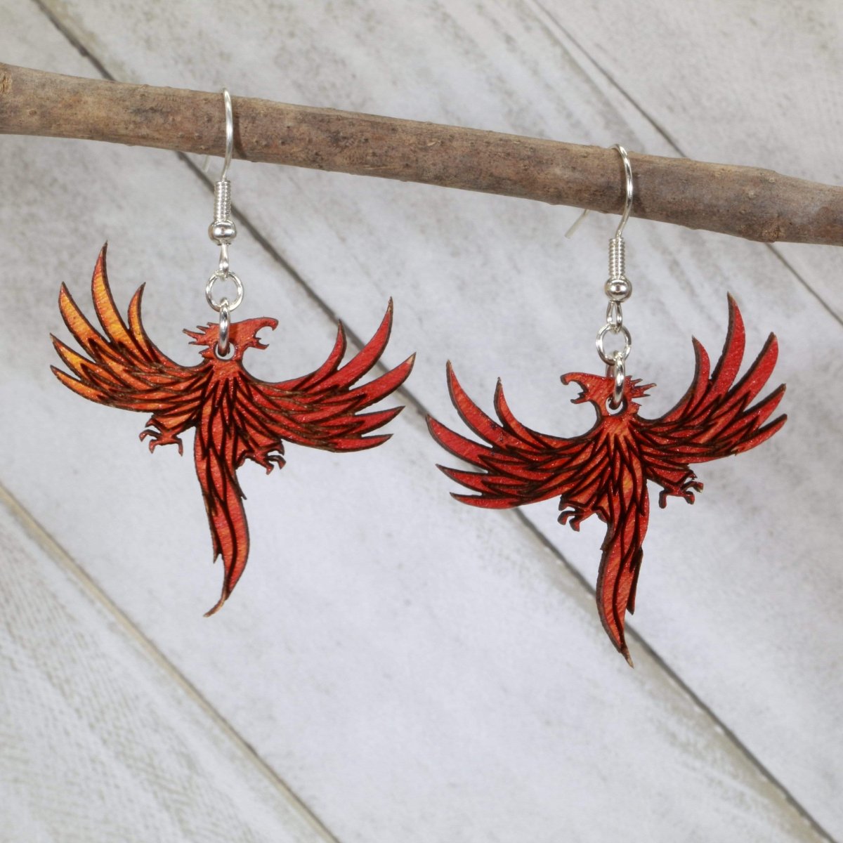 Flaming Phoenix Wooden Dangle Earrings | Mythical Fire Bird Jewelry by Cate's Concepts, LLC