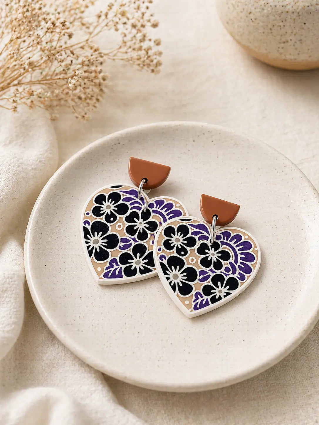 The Tween Space Floral Heart Statement Earrings — Handcrafted by Nora by The Tween Space, handmade jewelry detail photo 2