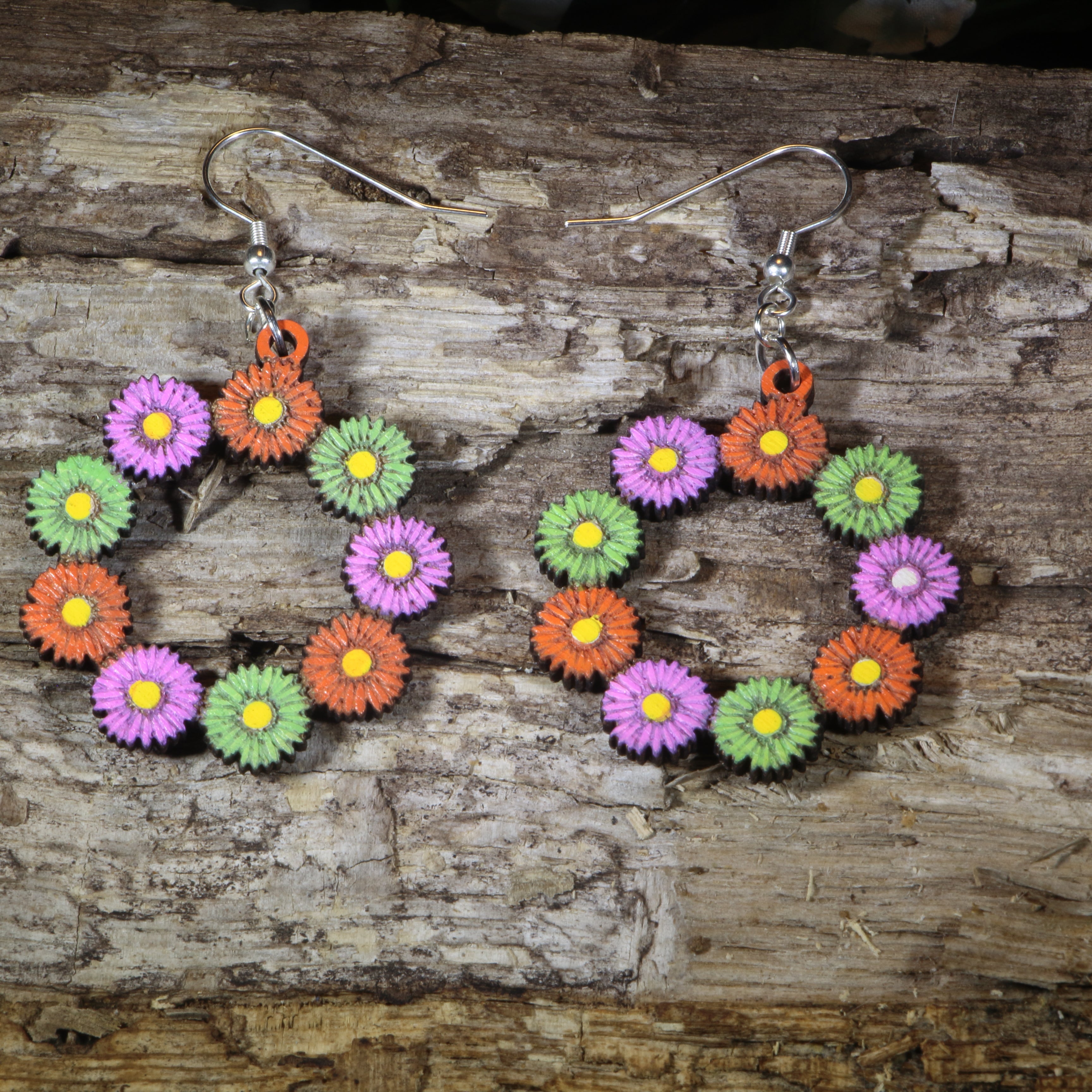 Floral Daisy Hoop Wooden Dangle Earrings | Spring Flower Jewelry by Cate's Concepts, LLC