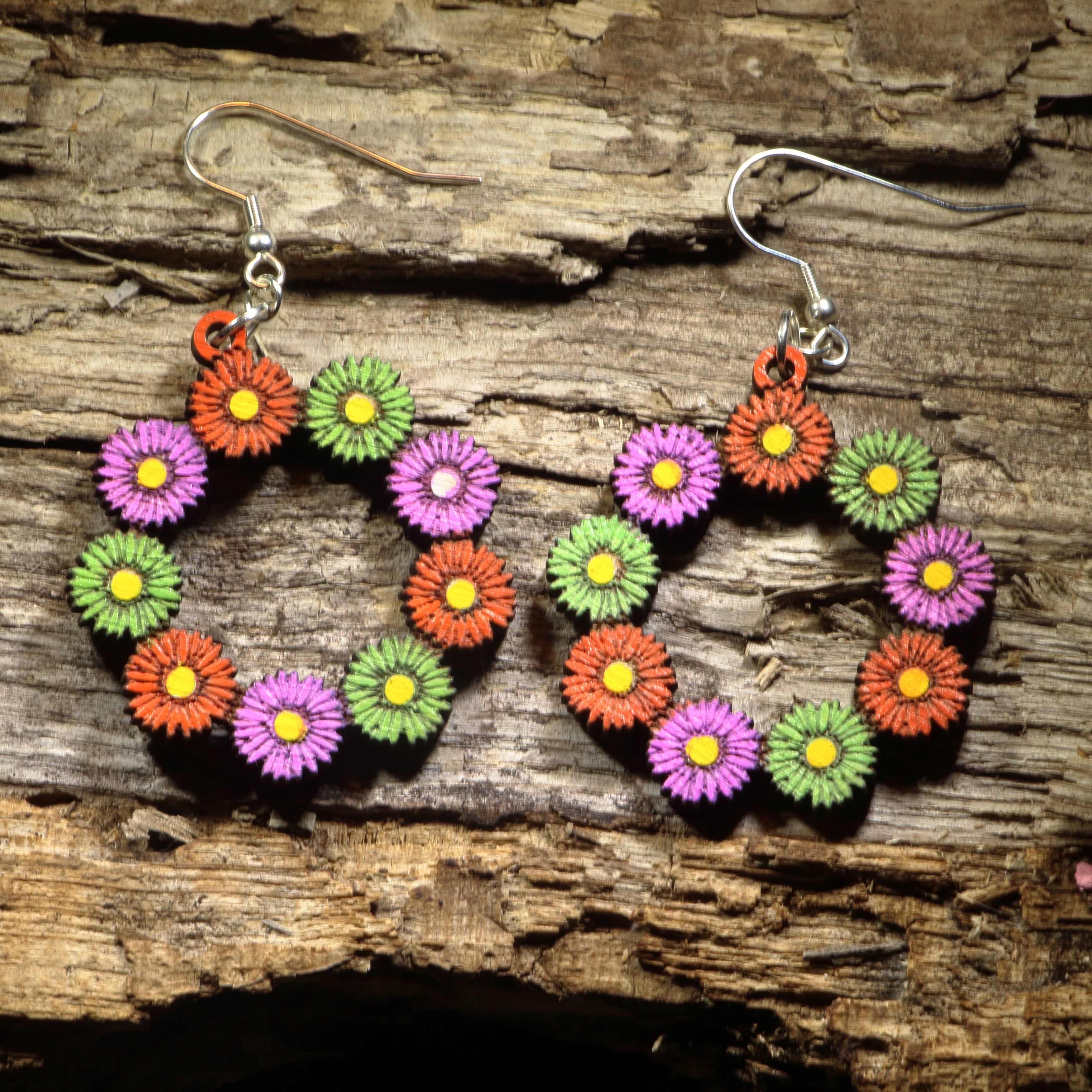 Floral Daisy Hoop Wooden Dangle Earrings | Spring Flower Jewelry by Cate's Concepts, LLC