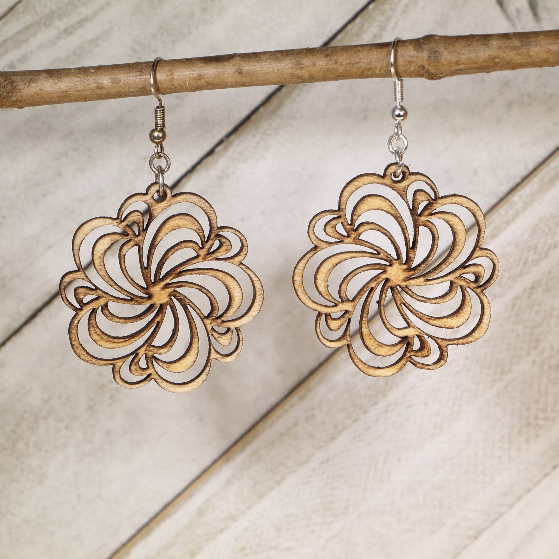 Floral Swirl Wooden Dangle Earrings | Boho Flower Filigree Jewelry by Cate's Concepts, LLC, handmade jewelry main product photo