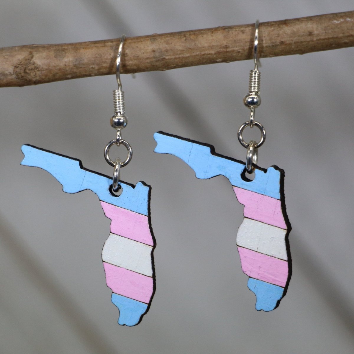 Florida Trans Pride Wooden Earrings | LGBTQ Bisexual Flag Jewelry detail view by Cate's Concepts, LLC