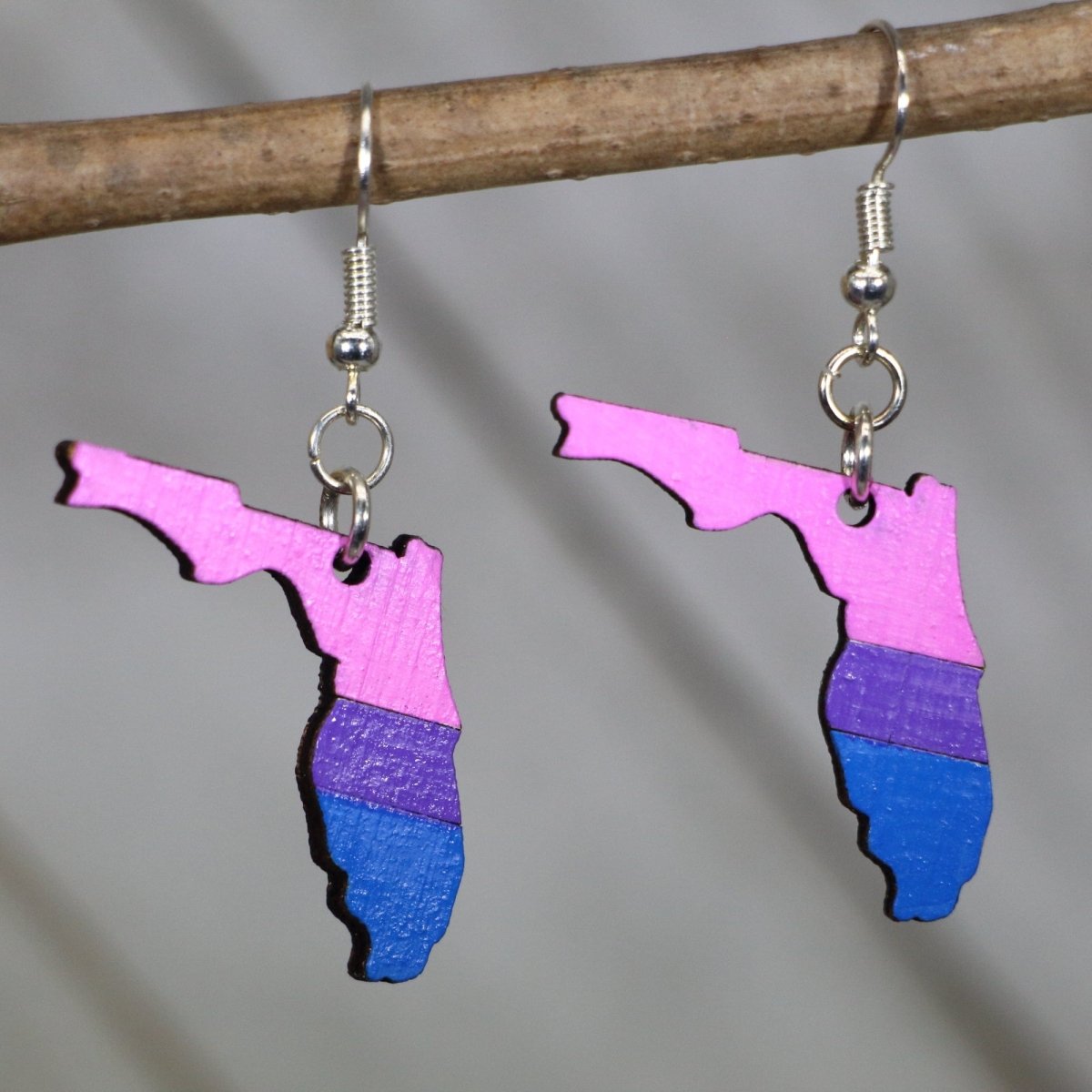Florida Bisexual Pride Wooden Dangle Earrings | LGBTQ State Jewelry detail view by Cate's Concepts, LLC