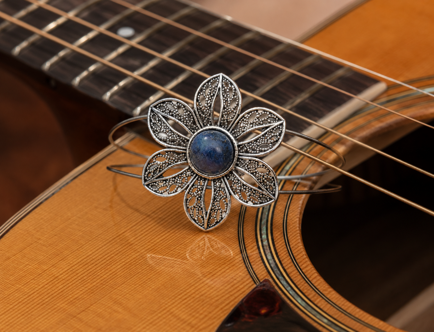 Lapis Flower Guitar String Bracelet by N Harmony Jewelry, handmade jewelry detail photo 3