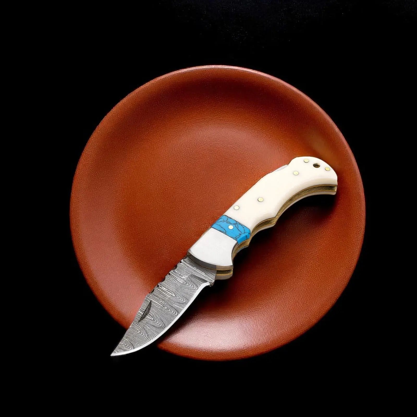 Folding Hunter Knife | Bone Handle by Damascus Knife Store, Damascus knife main product photo