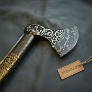 Hand Engraved Damascus Viking Axe with Carved Hardwood Handle and Matching Damascus Knife | Norse Collector Axe Set | JW SteelCrafts by JW SteelCrafts, Damascus knife detail