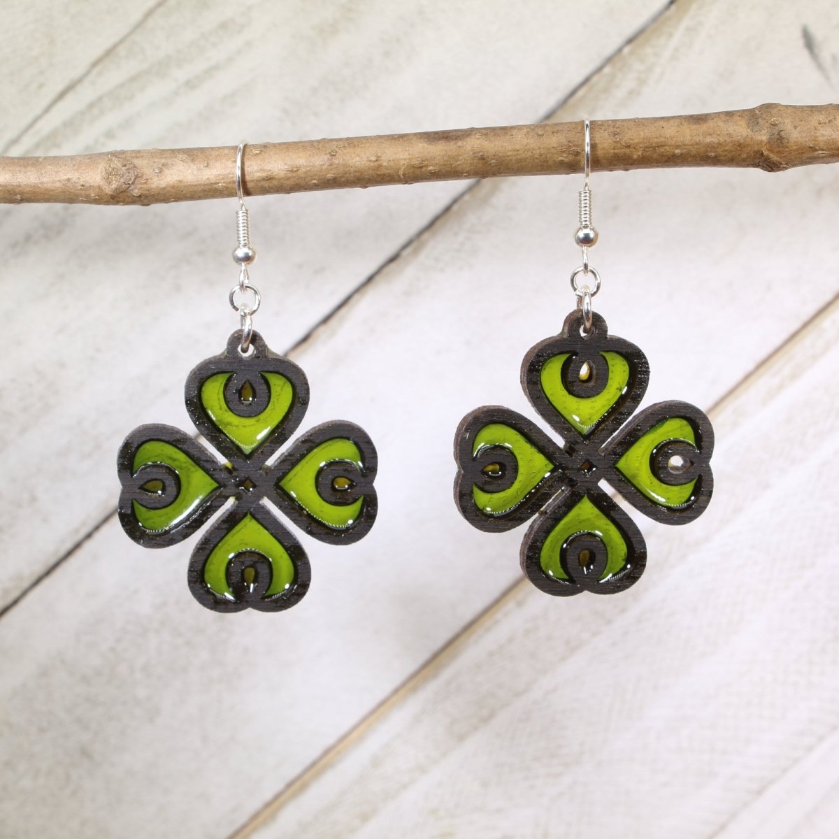 Four Leaf Clover Wood Resin Earrings | Irish Lucky Charm Jewelry by Cate's Concepts, LLC, handmade jewelry main product photo