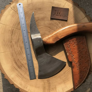 Camping Axe Damascus Steel 20 Inch Rosewood Handle with Leather Sheath by JW SteelCrafts, leather knife sheath detail photo 6