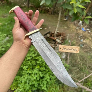 Handmade Damascus Clip Point Bowie Utility Knife Fixed Blade Pakka Wood Handle with Guard by JW SteelCrafts, Damascus knife main product photo