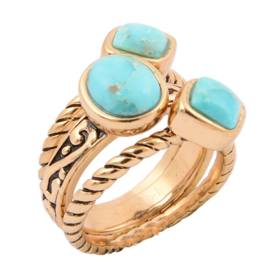 Multi-Shape Blue Turquoise and Golden Trio Ring Set by Barse Jewelry