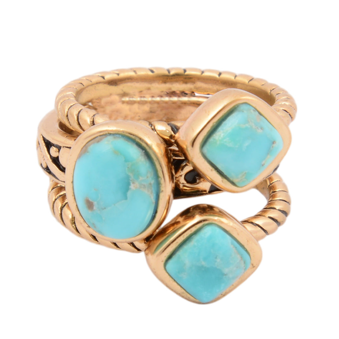 Multi-Shape Blue Turquoise and Golden Trio Ring Set detail view by Barse Jewelry