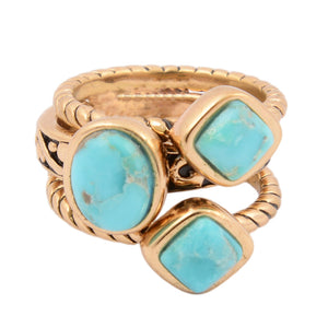 Multi-Shape Blue Turquoise and Golden Trio Ring Set detail view by Barse Jewelry