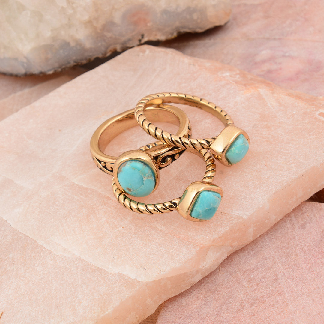 Multi-Shape Blue Turquoise and Golden Trio Ring Set detail view by Barse Jewelry