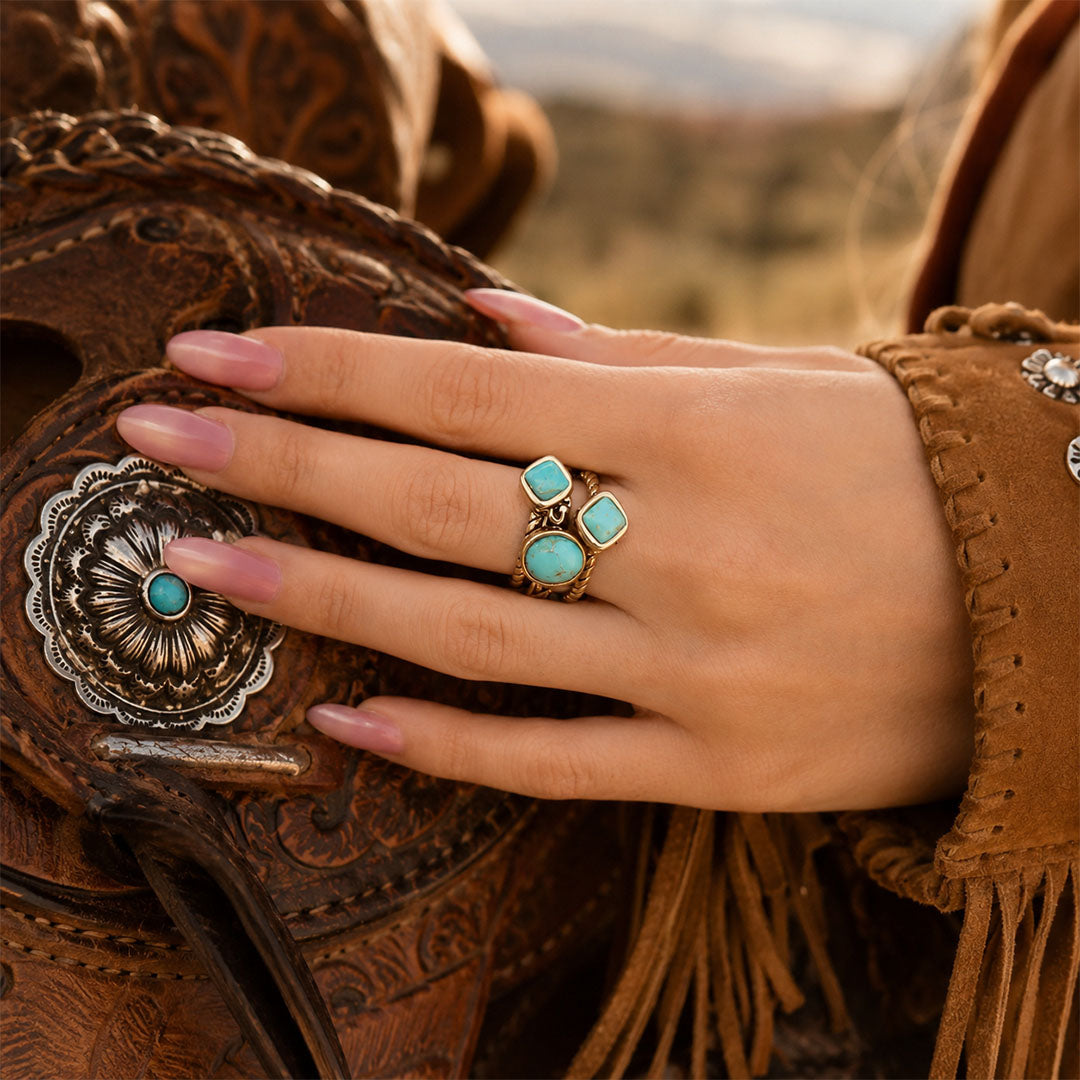 Multi-Shape Blue Turquoise and Golden Trio Ring Set detail view by Barse Jewelry