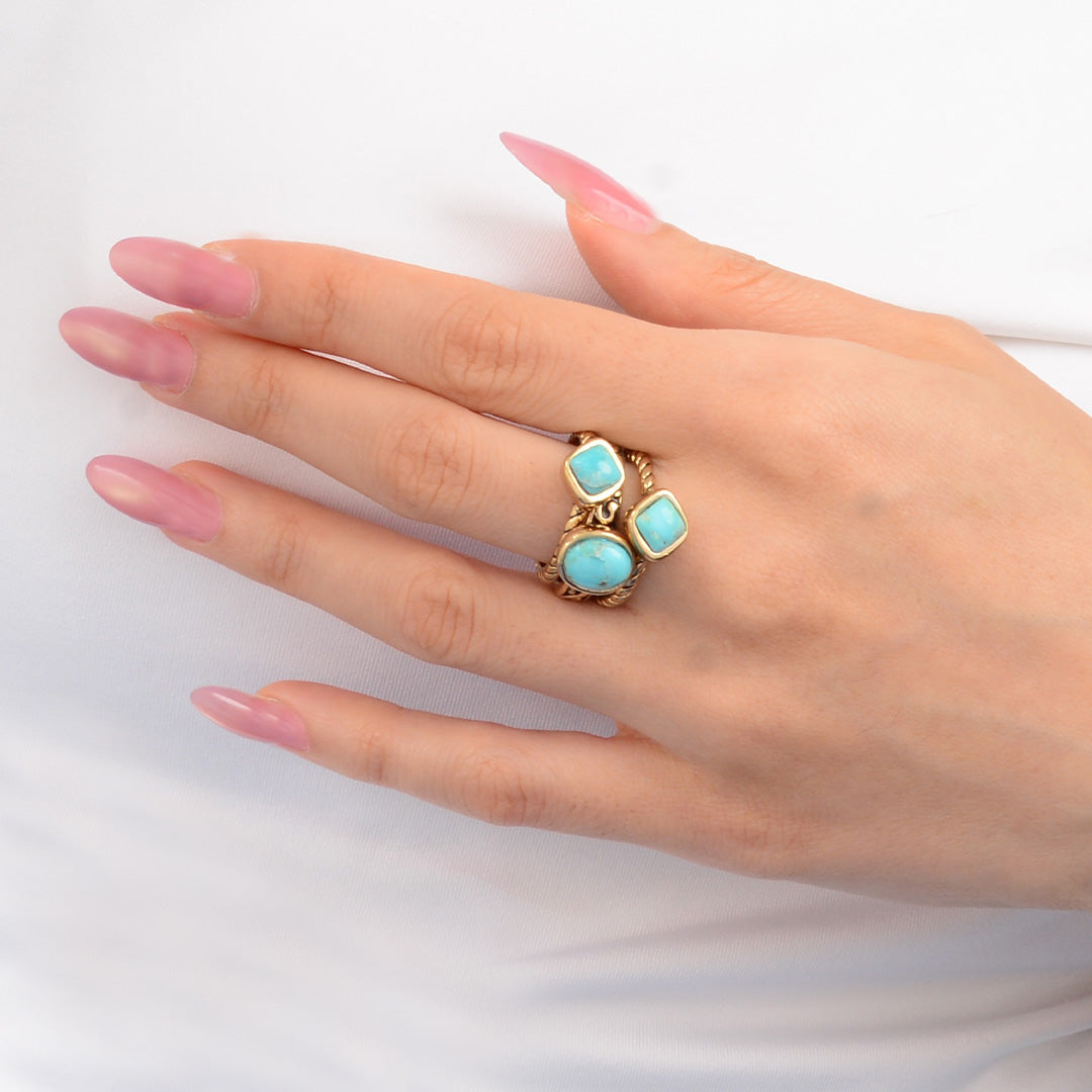 Multi-Shape Blue Turquoise and Golden Trio Ring Set detail view by Barse Jewelry