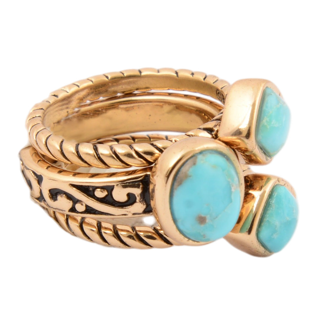 Multi-Shape Blue Turquoise and Golden Trio Ring Set detail view by Barse Jewelry