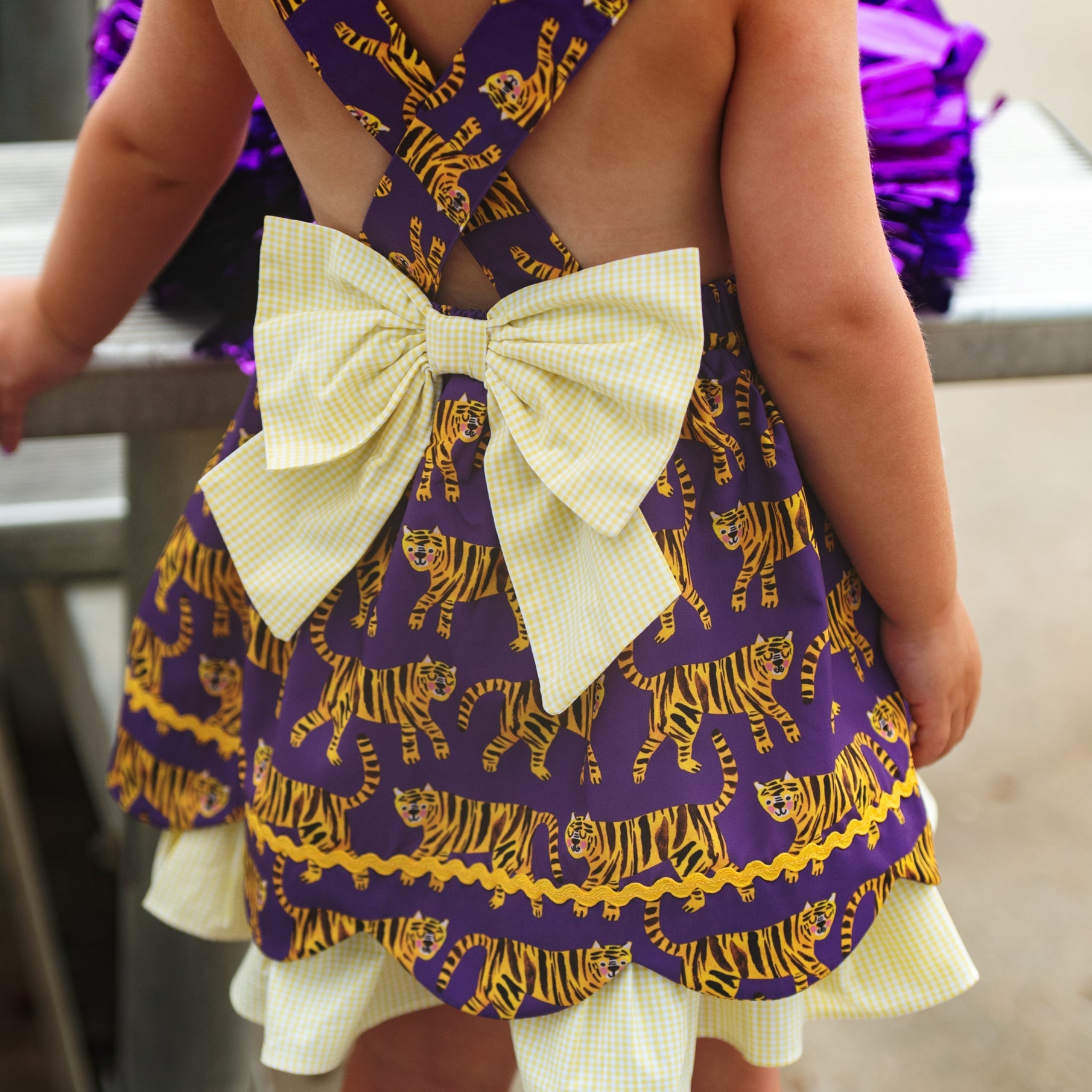 Gold & Purple Tiger Dress detail view by Seven Lantern Lane