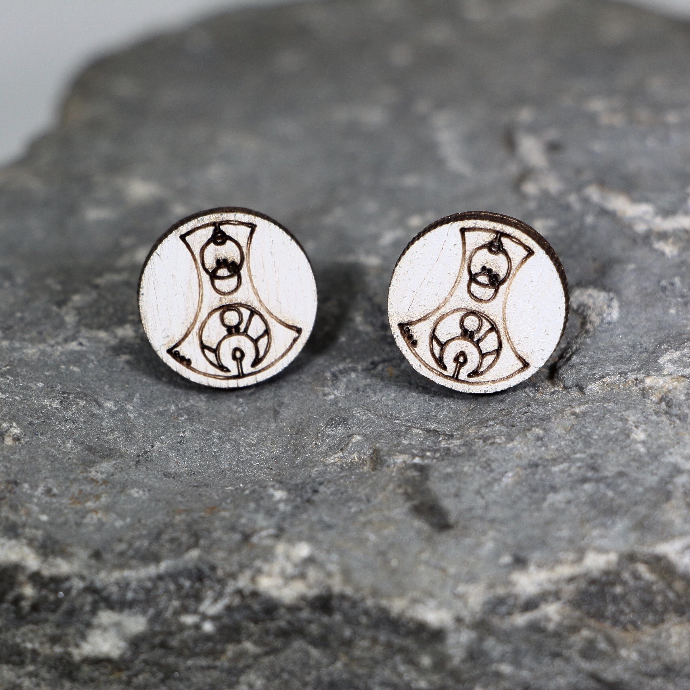 Gallifreyan Wooden Dangle Earrings | Sci-Fi Symbol Jewelry detail view by Cate's Concepts, LLC